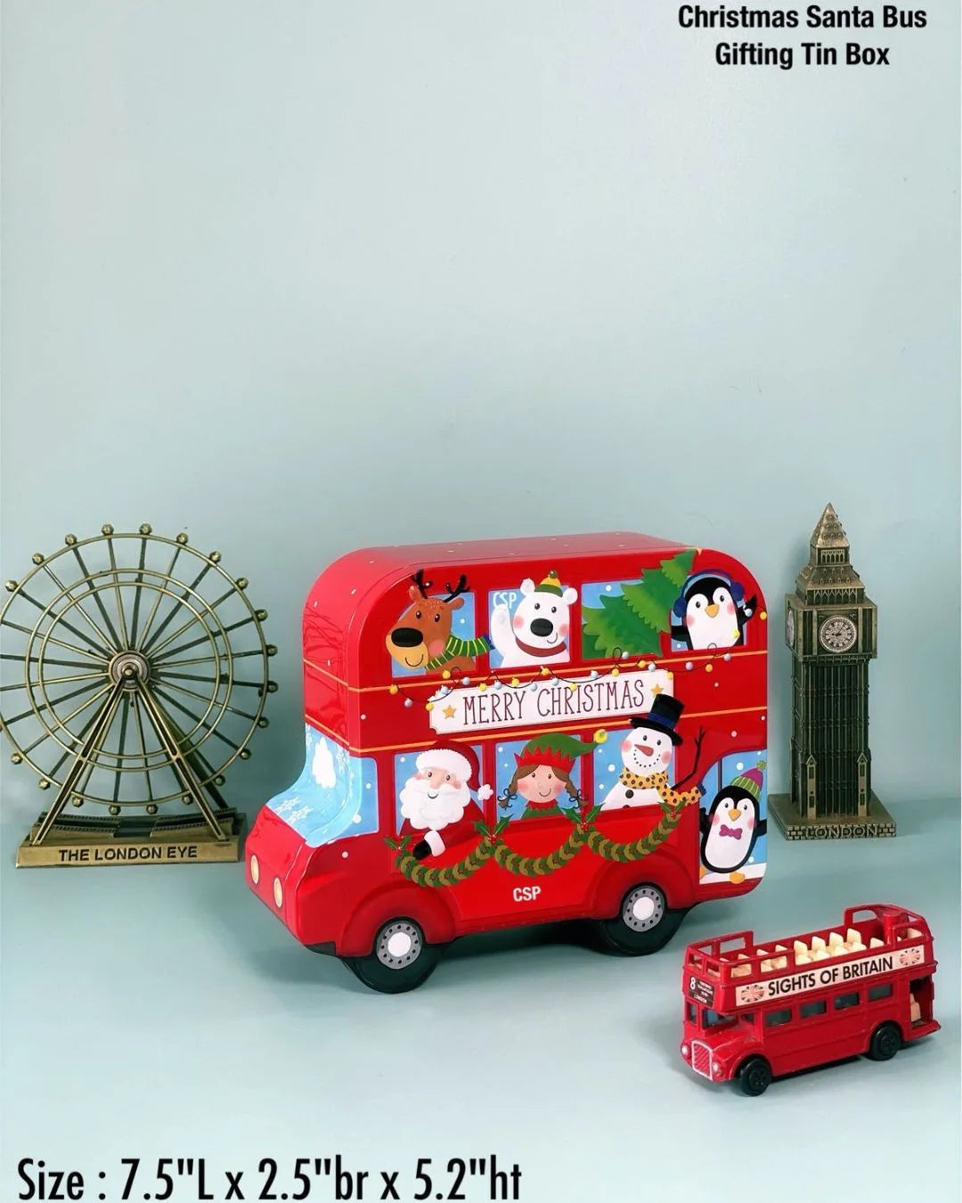 Red Santa bus car-shaped metal tin box with Merry Christmas artwork